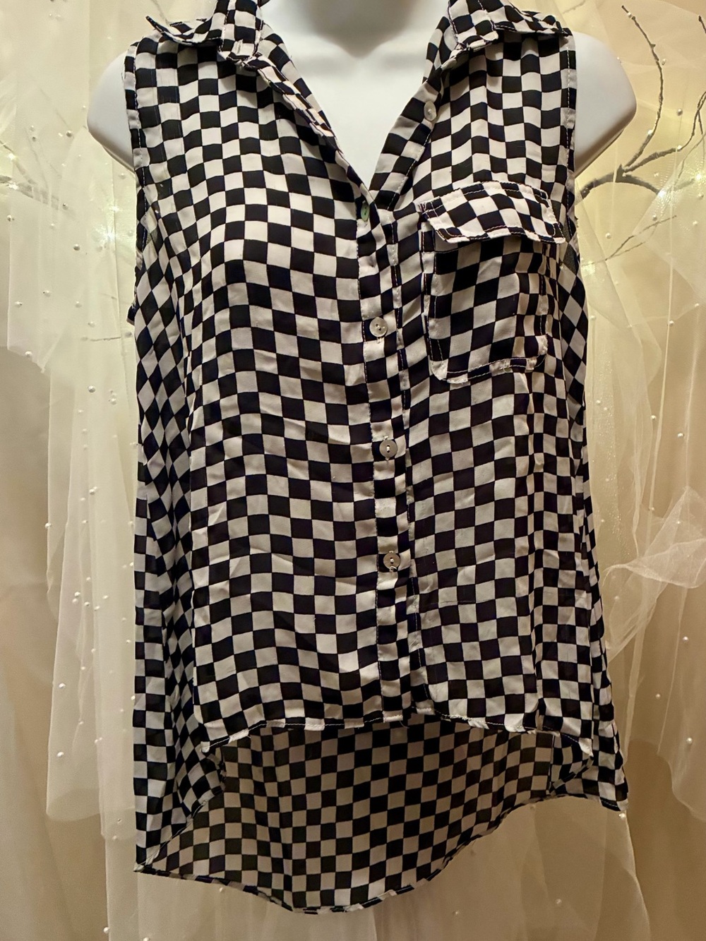 Love Culture Sleeveless Checkerboard Button-Down Top - Black & White
